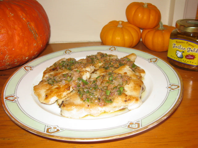 Turkey Cutlets in a Roasted Garlic Sauce with Fresh Sage and Lemon