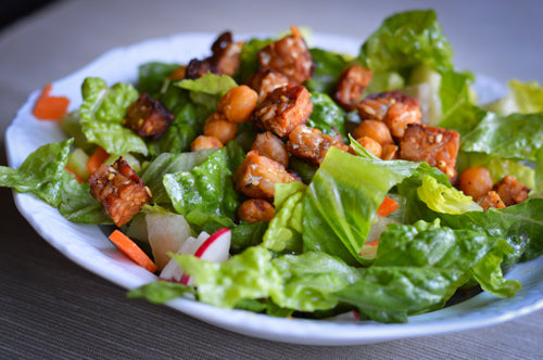Tempeh and Chickpeas with Garlic BBQ Sauce