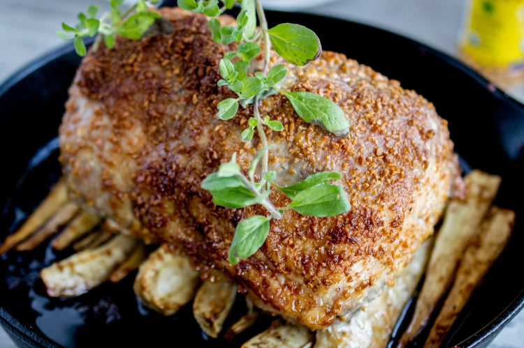 Garlic-Encrusted Pork Loin Roast with Parsnips