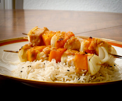 Grilled Pumpkin and Chicken Kabobs and Sesame Rice Pilaf