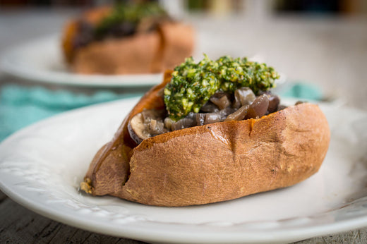 Garnet Yams with Mushrooms, Onions and Cilantro Pesto